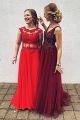Sexy Beaded Red See Through Prom Party Dress Scoop Cap Sleeves With Appliques
