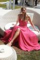 Beautiful A Line Watermelon Prom Party Dress V Neck Side Slit With Straps