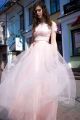 Romantic Two Pieces Prom Evening Dress High Neck Short Lace Sleeves Pink Tulle Skirt