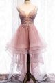 Romantic High Low Floral Prom Party Dress Tiered Pink Tulle Illusion Neckline Spaghetti Straps