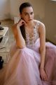 Beautiful Floral A Line Prom Party Dress Illusion Neckline Pink Tulle With Buttons