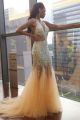 See Through Crystal Beaded Mermaid Prom Evening Dress Halter Low Back Champagne Tulle