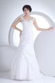 Modest Mermaid Queen Anne Neckline Ruched White Taffeta Wedding Dress Bridal Gown