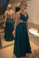 Sparkly Crystal Beaded A Line Prom Evening Dress V Neck Open Back Teal Chiffon With Cutouts