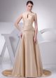 Modest A Line High Neck Cut Out Champagne Taffeta Wedding Dress With Bow