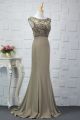 Chic Long Mermaid Beaded Brown Prom Party Dress Scoop Cap Sleeves