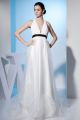 Sexy A Line Halter Open Back White Tulle Black Belt Wedding Dress Bridal Gown