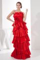 Beautiful A Line Strapless Pleated Tiered Red Taffeta Prom Evening Dress 