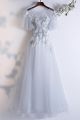 Romantic Scoop Corset Ruffled Sleeve Grey Tulle A Line Prom Evening Dress With Appliques