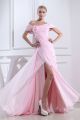 Boho A Line Off The Shoulder Side Slit Ruched Pink Chiffon Prom Evening Dress With Flowers