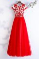 Elegant Scoop Cap Sleeve Red Tulle Two Tone A Line Prom Evening Dress With Appliques