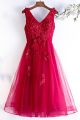 Empire V Neck Corset Beaded Appliques Red Tulle Short A Line Prom Evening Dress 