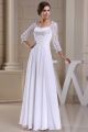 Modest A Line Sweetheart 3 4 Sleeve Open Back Crystal Beaded Lace White Chiffon Beach Wedding Dress 