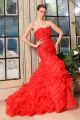 Beautiful Mermaid Sweetheart Corset Beaded Appliques Tiered Red Organza Prom Evening Dress