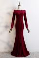 Royal Off The Shoulder Long Sleeve Beaded Lace Red Velvet Mermaid Prom Evening Dress 