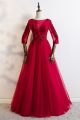 Princess Scoop 3 4 Sleeve Corset Red Tulle A Line Sequined Prom Evening Dress 