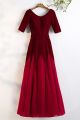 Royal Scoop Half Sleeve Red Velvet And Tulle A Line Prom Evening Dress 