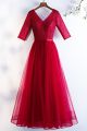Elegant V Neck Half Sleeve Corset Red Tulle A Line Sequined Prom Evening Dress 