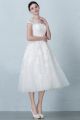 Elegant Scoop Cap Sleeve Embellished Appliques Tea Length A Line Wedding Dress