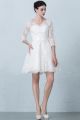 Elegant V Neck 3 4 Sleeve With Bow Buttons Short A Line Lace Wedding Dress