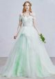 Romantic Off The Shoulder Corset Embellished Appliques Layered Mint Green Tulle Ball Gown Prom Quinceanera Dress