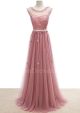 Elegant Scoop Neck Long Dusty Rose Tulle A Line Prom Dress With Flowers