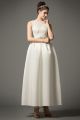 Beautiful Boat Neckline V Back Lace Bodice Embellished Waist Ivory A Line Wedding Dress Ankle Length