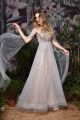 Fairy Tale Grey Tulle Beaded Prom Evening Dress Scoop Sheer Back With Cape