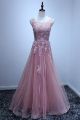 A Line Bateau Neck Open Back Long Light Pink Tulle Lace Applique Prom Dress
