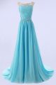 A Line Bateau Neckline Long Blue Chiffon Ruched Prom Dress With Rhinestones