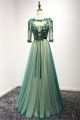 A Line Bateau Neckline V Back Long Green Tulle Beaded Prom Dress With Sleeves