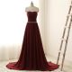 A Line Boat Neck Long Burgundy Chiffon Tulle Beaded Prom Dress