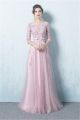 A Line Boat Neck Long Dusty Pink Tulle Lace Prom Dress With Sleeves