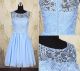 A Line Boat Neck Short Light Blue Chiffon Lace Graduation Party Prom Dress