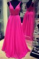 A Line Deep V Neck Long Hot Pink Chiffon Beaded Prom Dress
