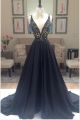 A Line Deep V Neck Open Back Black Taffeta Special Occasion Prom Dress