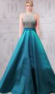A Line Halter Long Teal Satin Beaded Evening Prom Dress With Sash