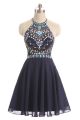 A Line Halter Short Navy Chiffon Beaded Homecoming Prom Dress