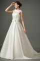 A Line High Neck Collar Low Back Satin Wedding Dress With Bow Sash No Lace