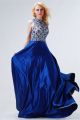 A Line High Neck CutOut Back Royal Blue Satin Tulle Beaded Prom Dress