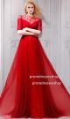 A Line High Neck Cutout Back Red Tulle Beaded Prom Dress With Sleeves