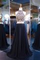 A Line High Neck Open Back Two Piece Black Chiffon Gold Beaded Prom Dress