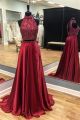 A Line High Neck Open Back Two Piece Burgundy Silk Satin Beaded Prom Dress