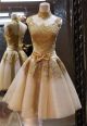 A Line High Neck See Through Gold Tulle Lace Short Prom Dress Bow Sash