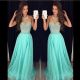 A Line High Neck Sheer Tulle Long Mint Green Chiffon Beaded Prom Dress