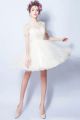 A Line High Neck Short Sleeve Light Champagne Tulle Lace Wedding Party Bridesmaid Dress