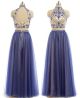 A Line High Neck Two Piece Nude Satin Royal Blue Tulle Beaded Prom Dress