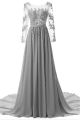 A Line Illusion Neckline Long Silver Chiffon Applique Beaded Prom Dress
