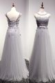 A Line Illusion Neckline Long Silver Tulle Beaded Prom Dress With Bow Sash