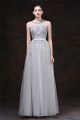 A Line Illusion Neckline Sheer Back Long Silver Tulle Floral Evening Dress With Sash